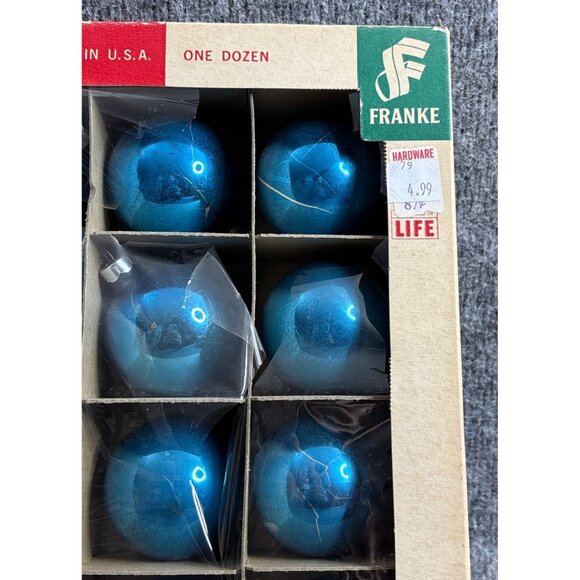Vintage Franke Blue Glass Tree Ornaments One Dozen Made In USA - Picture 2 of 6